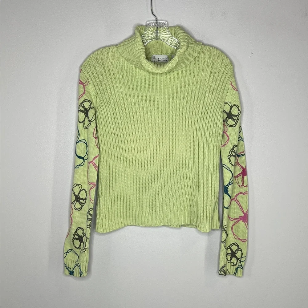 Cousin Johnny Whimsical Floral Lime Green Contour Knit Funnel Neck Sweater